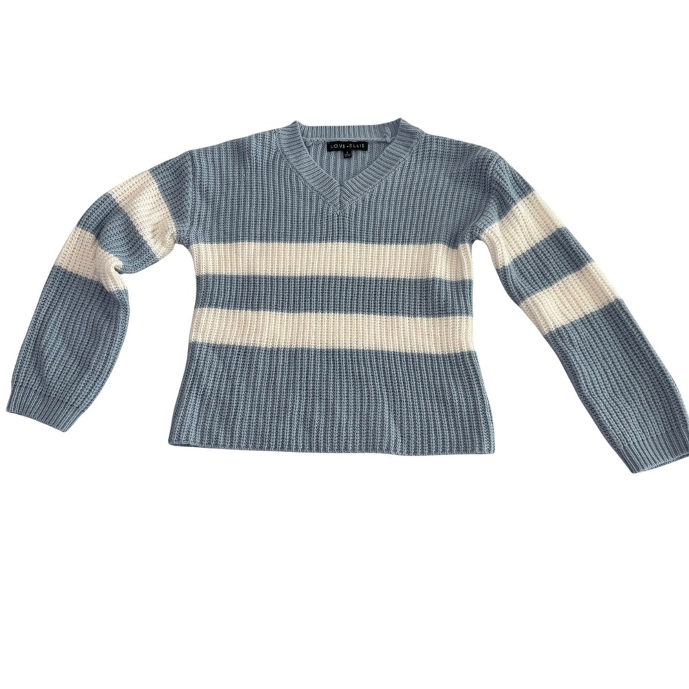 Love Ellie Girls Blue‎ White Striped Ribbed V-Neck Knit Sweater Pullover Size S